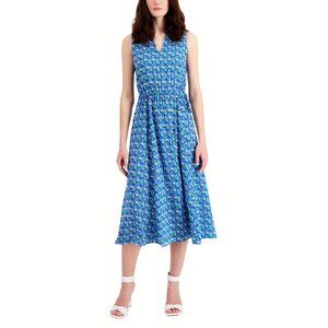 Anne Klein Plus Size 0X Blue Printed Drawstring Midi Dress NEW